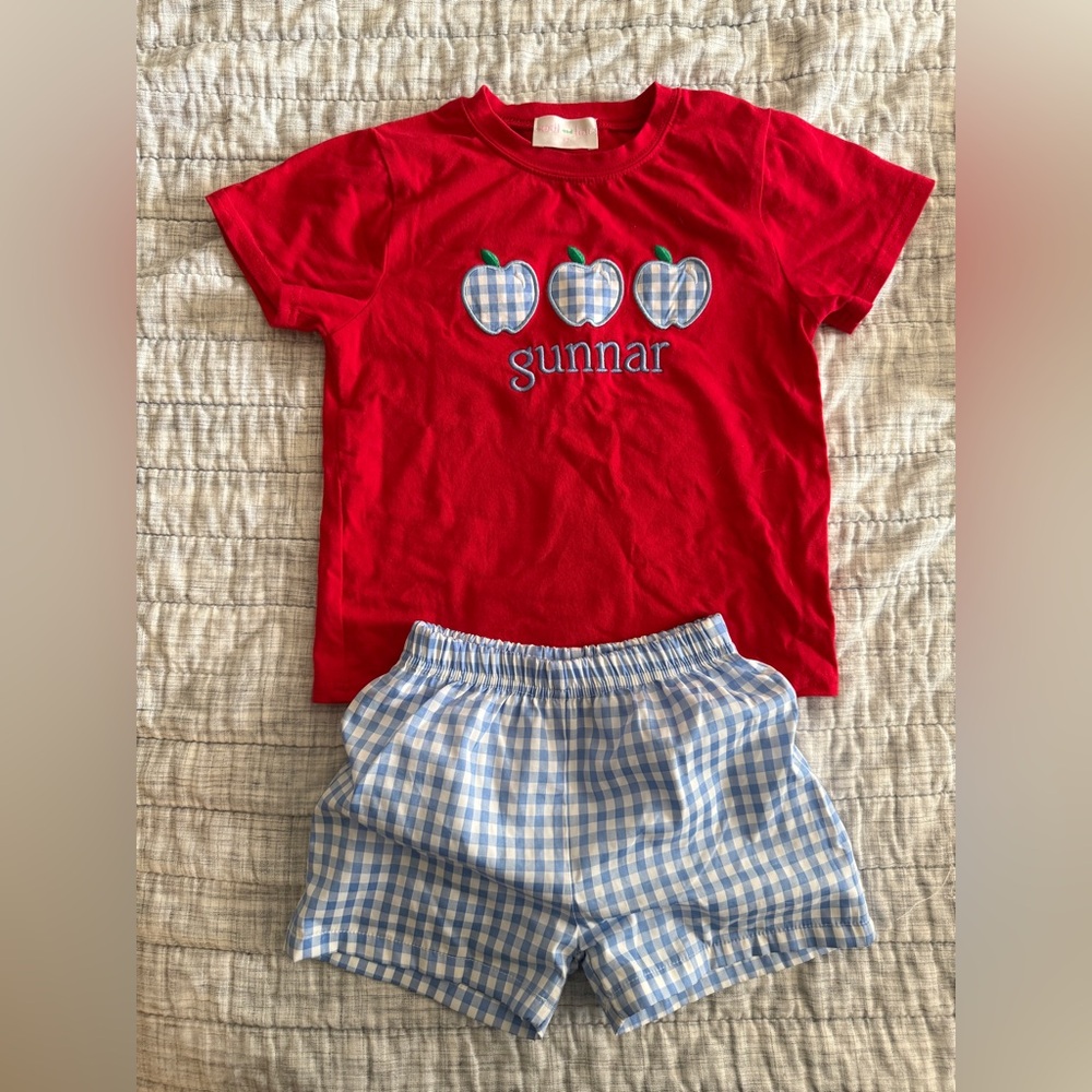 Gunnar Red Apple T-Shirt and Blue Gingham Shorts Set